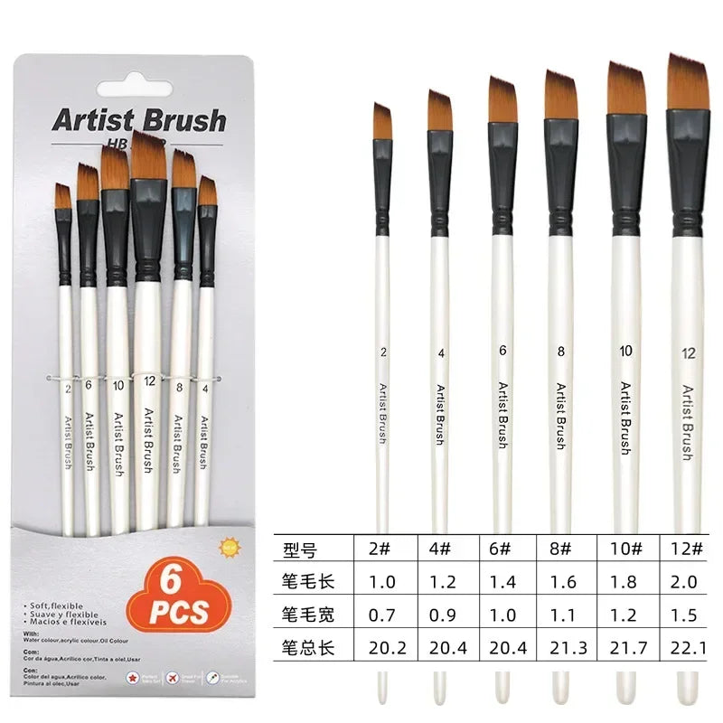 6 Pcs Nylon Paint Brushes