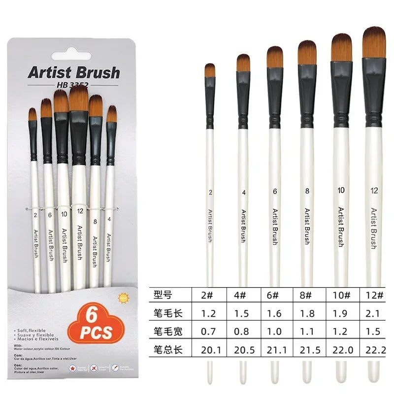 6 Pcs Nylon Paint Brushes