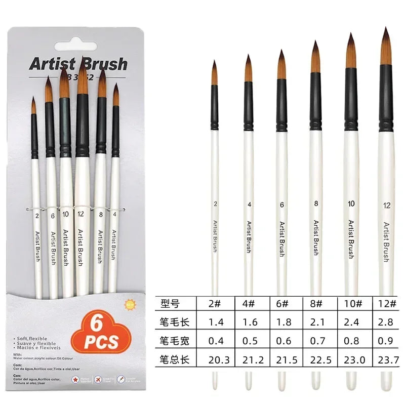 6 Pcs Nylon Paint Brushes
