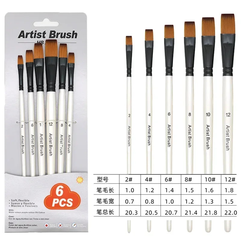 6 Pcs Nylon Paint Brushes